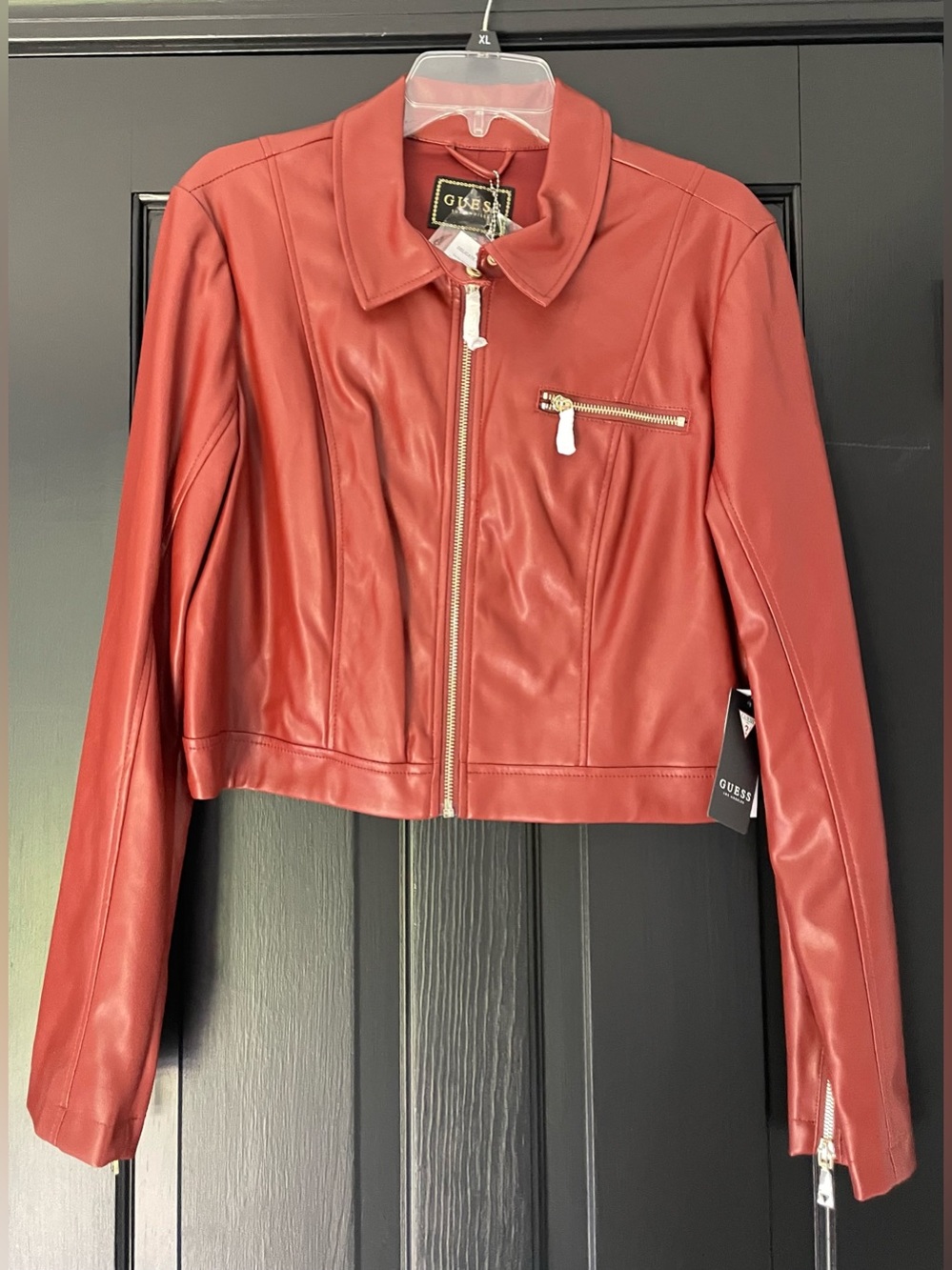 GUESS Women's Red Faux Leather Zip-Front Crop Jacket